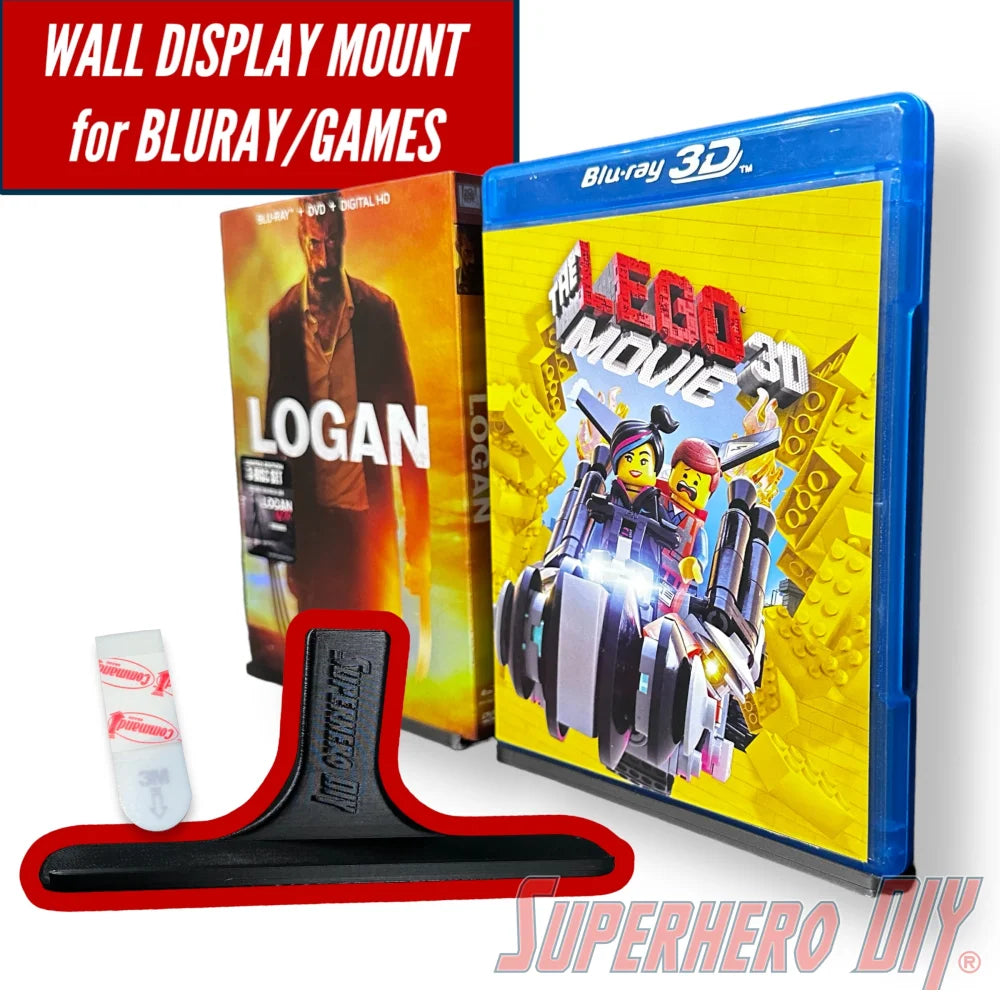 Floating shelf for movies or video games displaying Blu-ray cases with Command strip and mount accessory included.