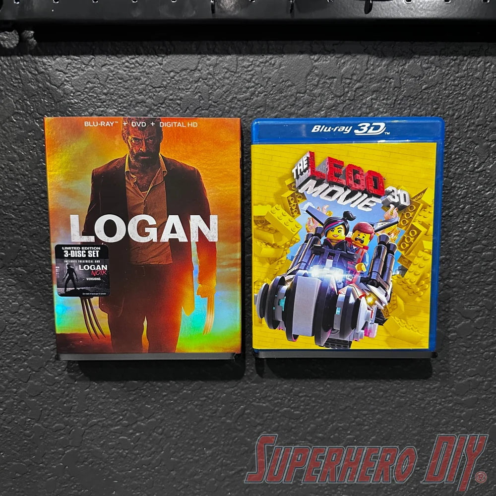 floating shelf for movies or video games displaying Blu-rays of Logan and The Lego Movie 3D