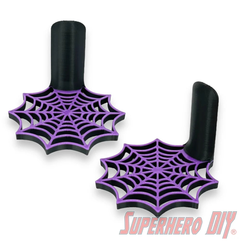 Purple web shelf for Spider-Man Funko Pop figures, wall-mounted with a layered web pattern, suitable for displaying collectibles.
