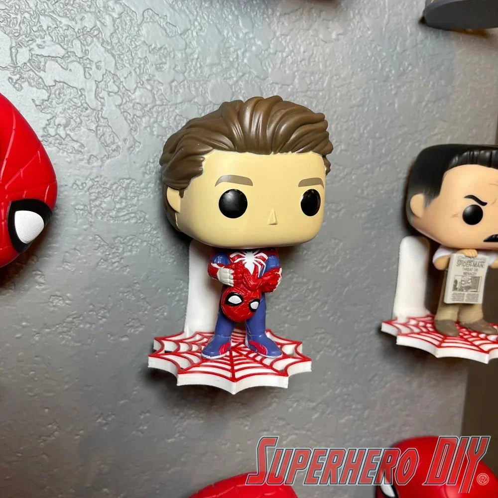 Web Shelf for Spider-Man Funko Pop Figures showcasing collectibles on wall-mounted web pattern shelves.
