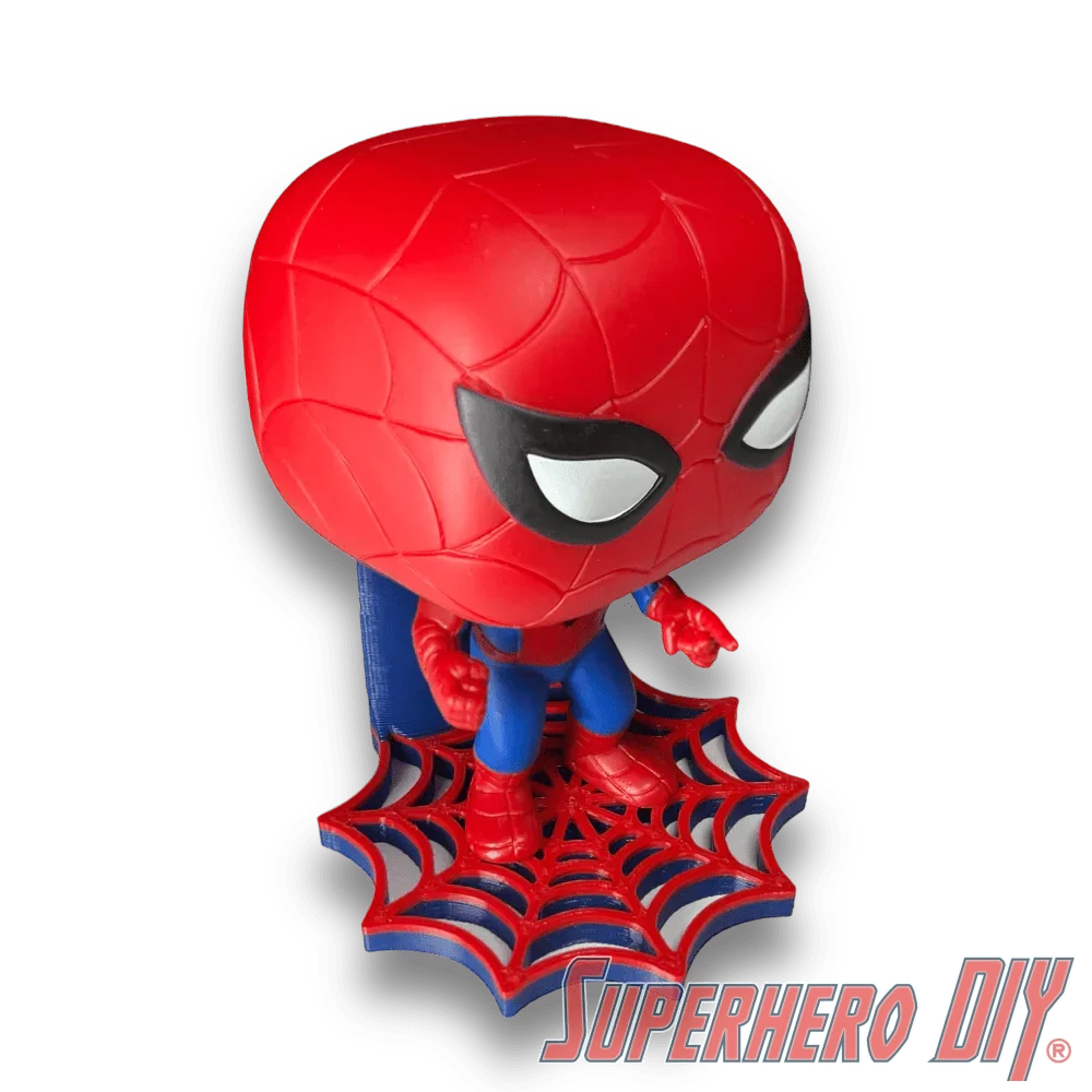Web Shelf for Spider-Man Funko Pop showcasing a Spider-Man figure on a web-patterned stand, perfect for collectors.