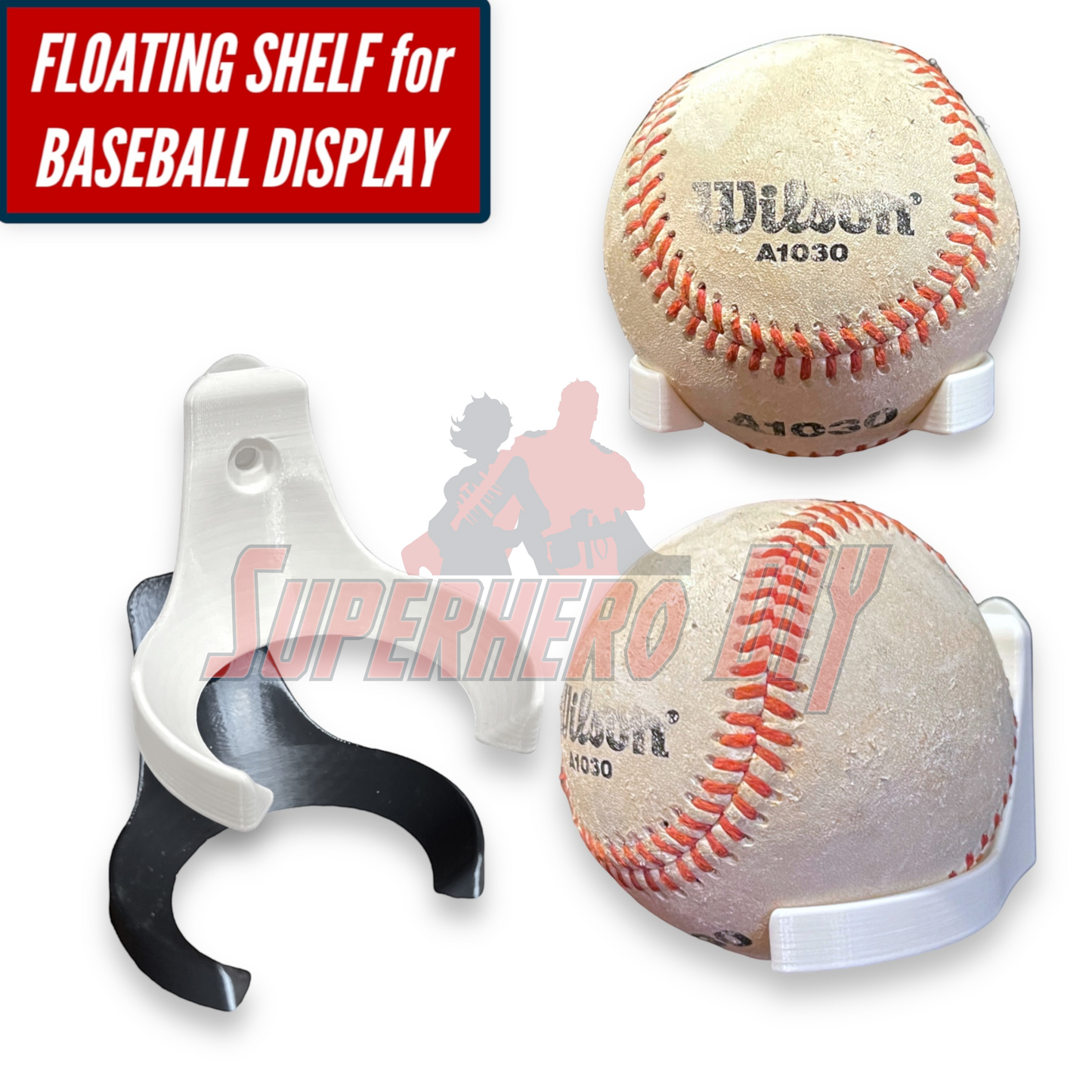 Baseball Holder Wall Mount | Floating Shelf for Baseball Display showcasing 3D-printed design with displayed baseball.
