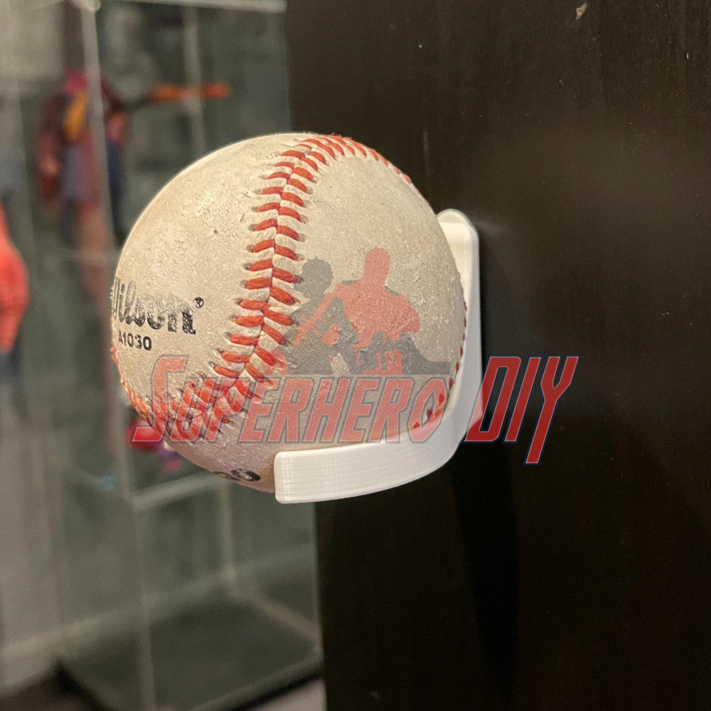 Baseball Holder Wall Mount | Floating Shelf for Baseball Display showcasing a baseball against a dark background.