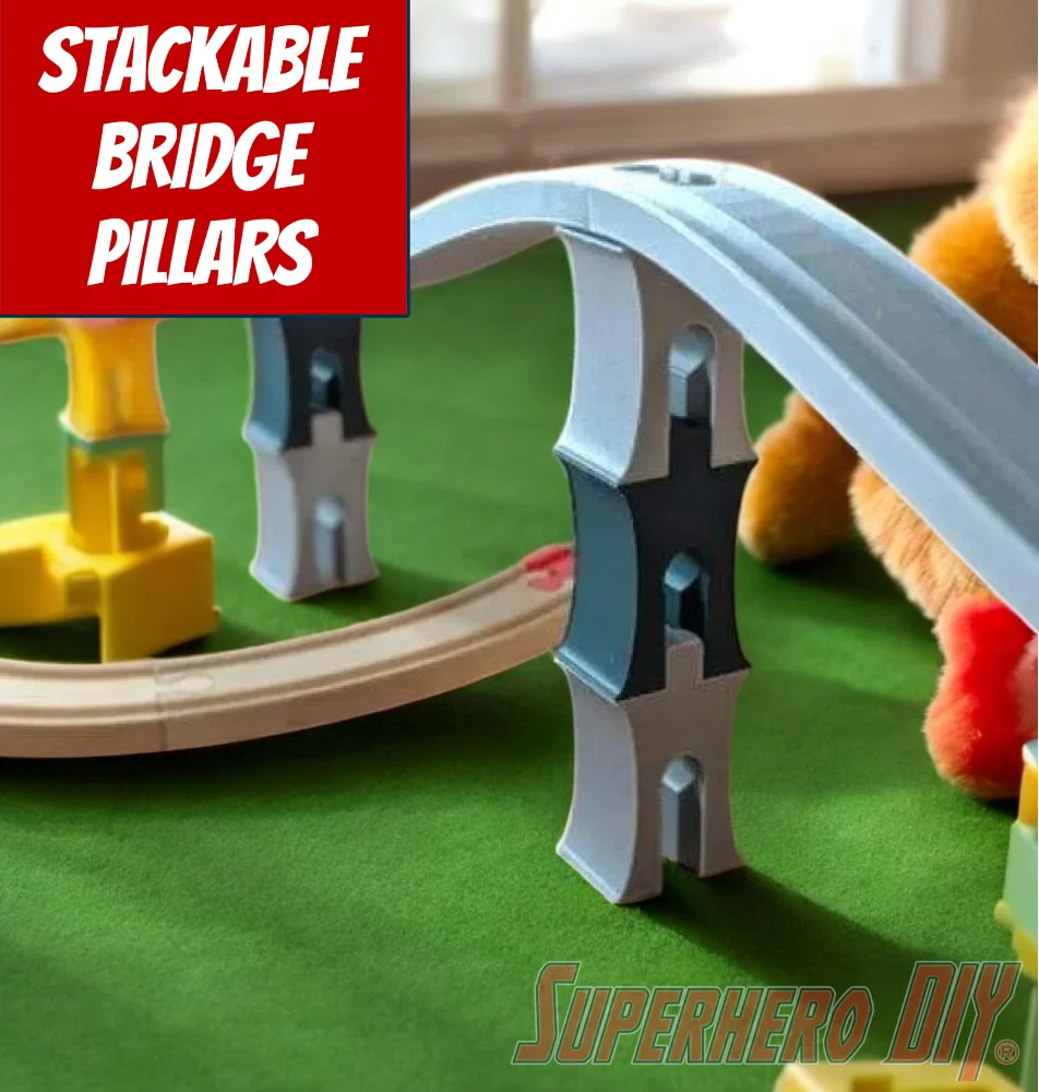 Bridge Pillar Stackable compatible with IKEA or BRIO Wooden Train Track 3D printed enhancement for Train Set SuperheroDIY