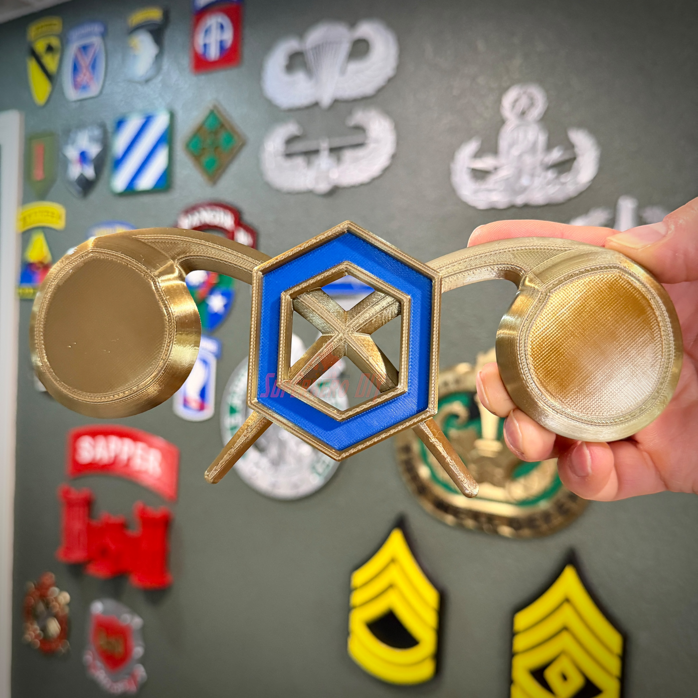 Chemical Corps insignia displayed with gold and blue details, perfect for wall or shadow box display.