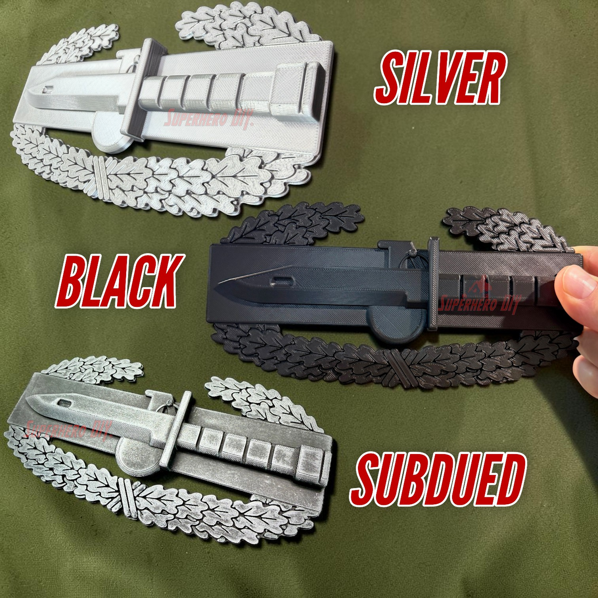 Combat Action Badge Display insignia in silver, black, and subdued colors for showcasing.
