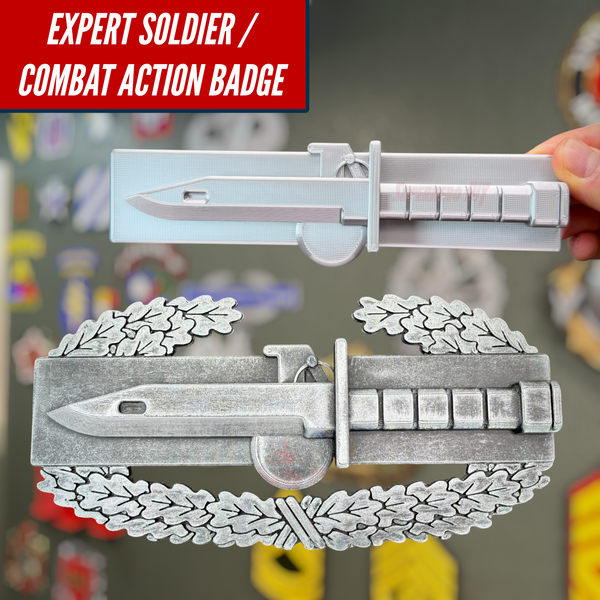 Expert Soldier Badge display with M9 bayonet and Combat Action Badge, showcasing detailed insignia design.
