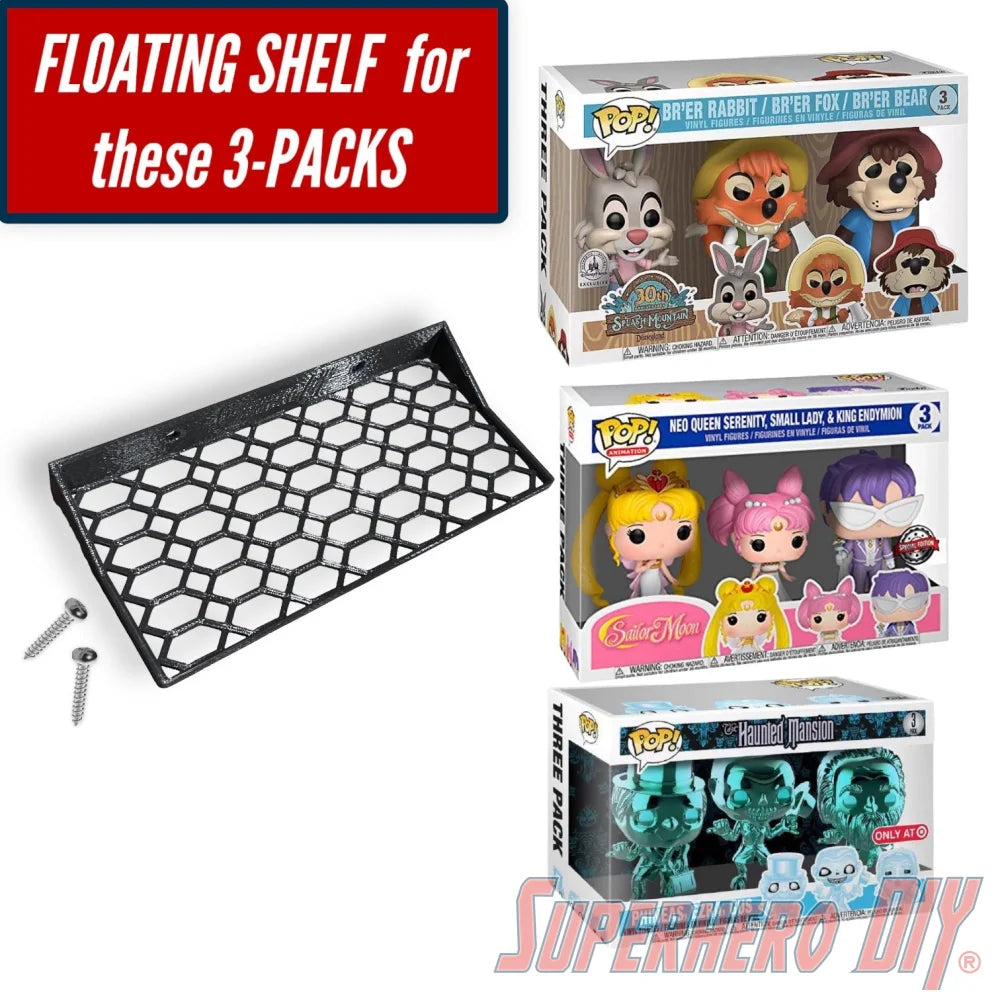 Floating Shelf for 3-PACK | Fits 10W x 4.5D Haunted Mansion Chrome, Splash Mountain, and Sailor Moon 3 Pack | Includes mounting hardware - Superhero DIY