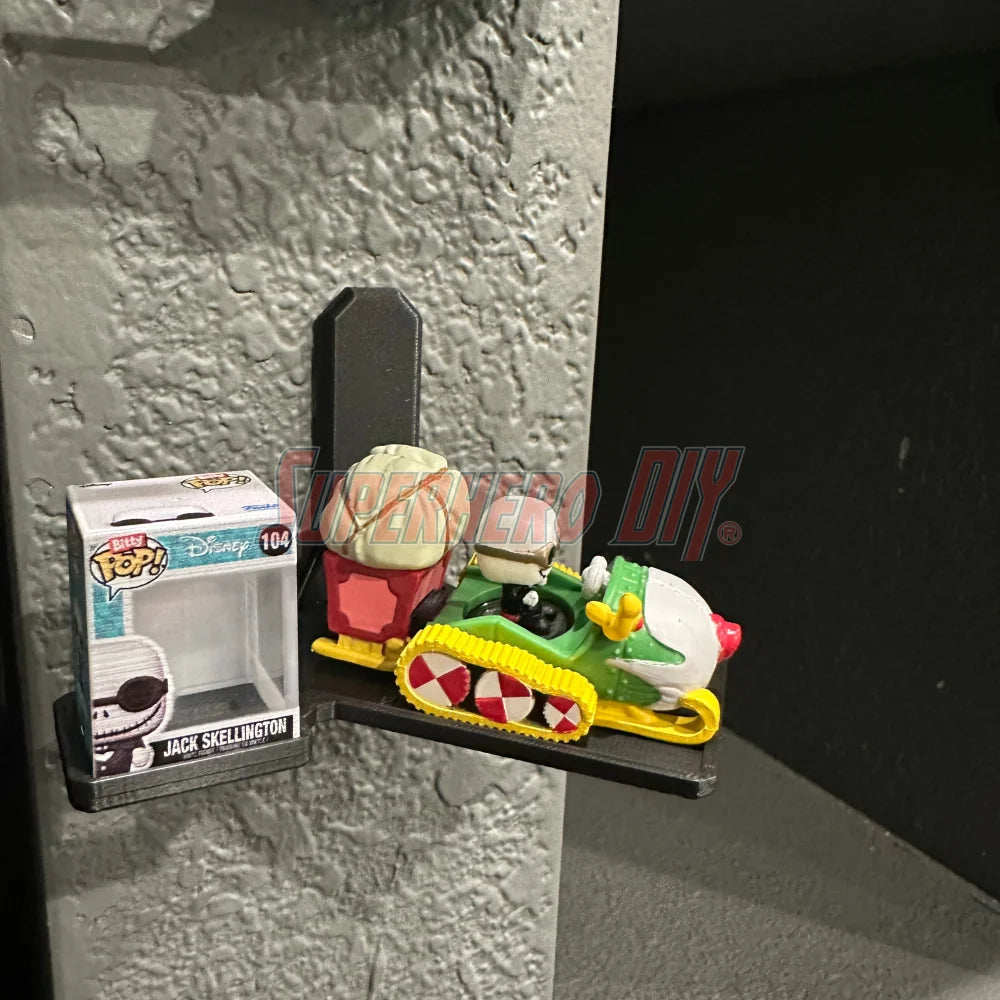 Floating wall shelf display for Bitty Pop Rides sets, fits vehicle-style Funko Bitty Pop figures with matching box