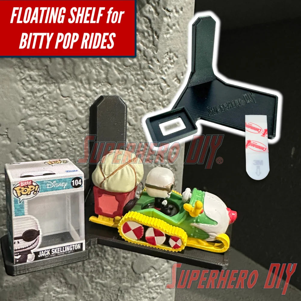 Floating wall shelf display for Bitty Pop Rides sets, fits vehicle-style Funko Bitty Pop figures with matching box