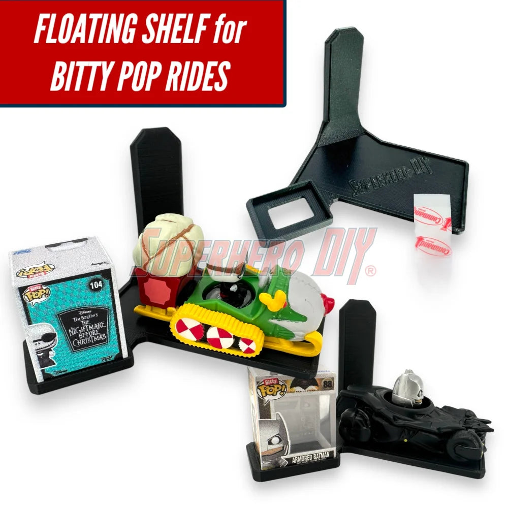 Floating wall shelf display for Bitty Pop Rides sets, fits vehicle-style Funko Bitty Pop figures with matching box