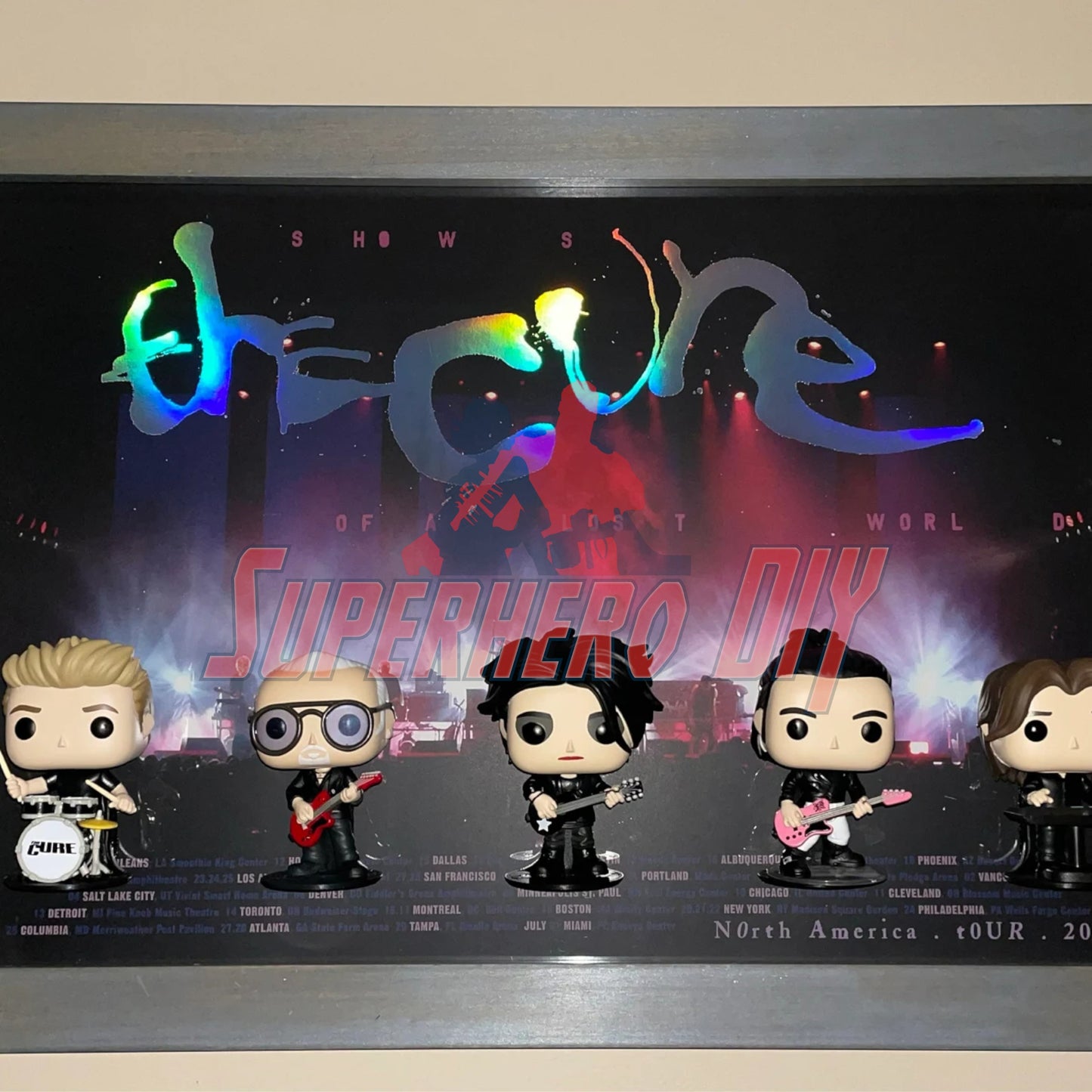 floating shelves for funko pops displaying The Cure band figures on Superhero DIY shelves