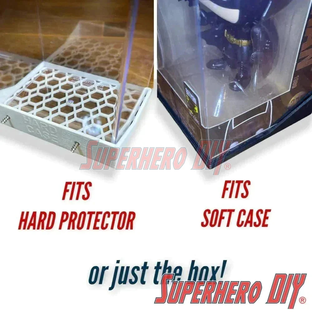 Hexagon Funko Pop display shelves for hard or soft protector cases, or box only, shown with superhero figures.