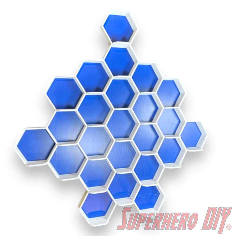 Honeycomb Wall Display for Disney Doorables: Organize and Showcase Your Collection with blue hexagonal design on white background.