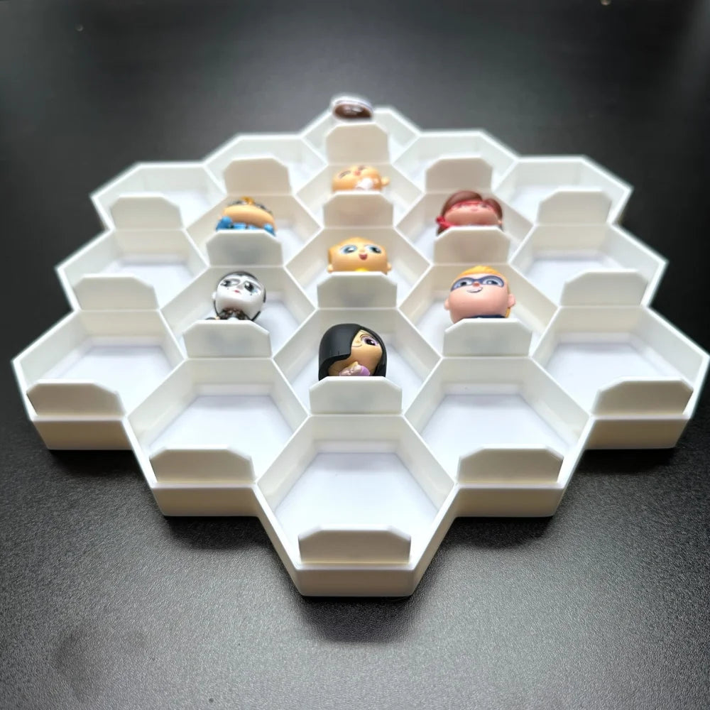 3D-printed honeycomb display for 19 Disney Doorables showcasing collectible figures in an organized and secure design