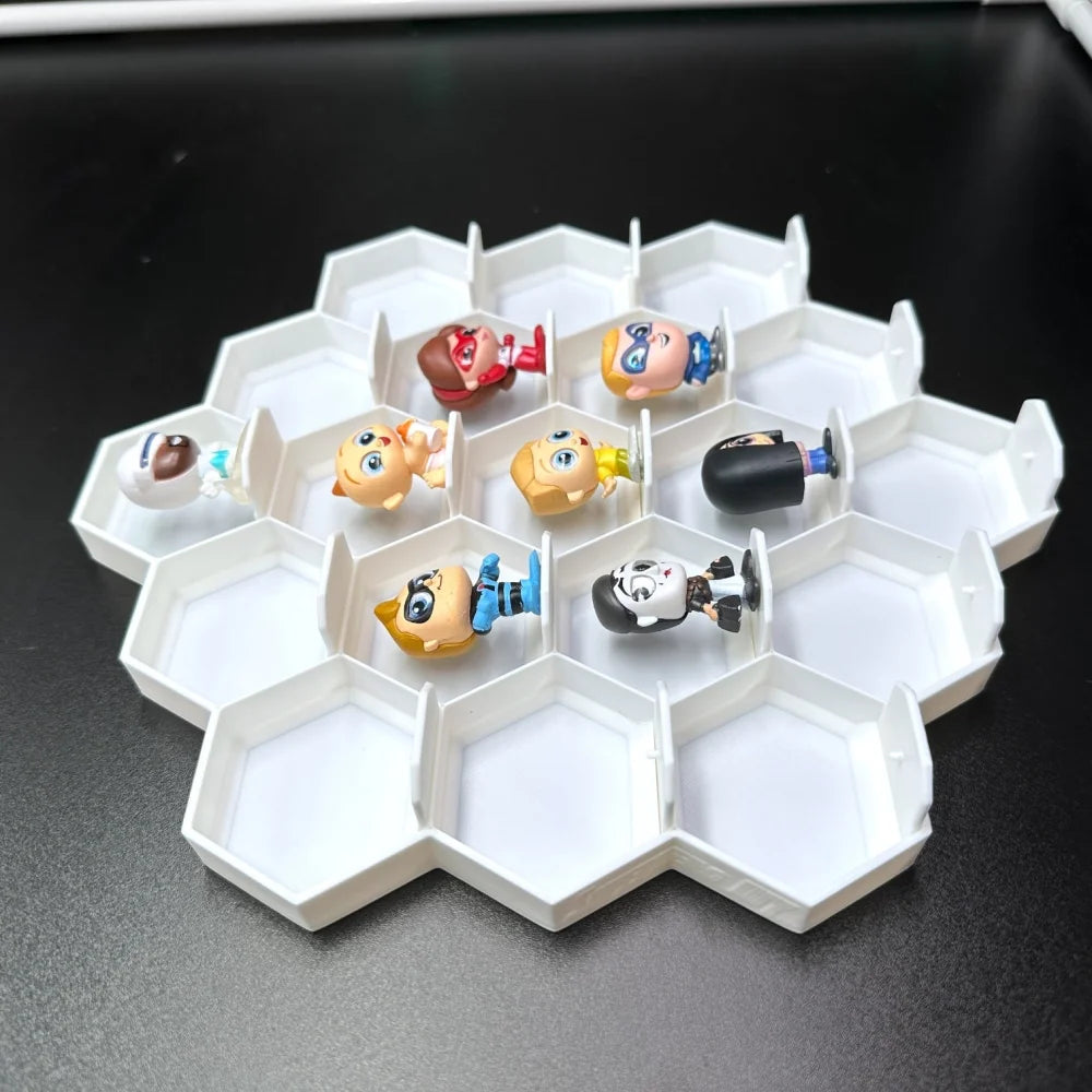 Honeycomb display for 19 Disney Doorables showcasing vibrant characters in a white hexagonal pattern, perfect for collectors.