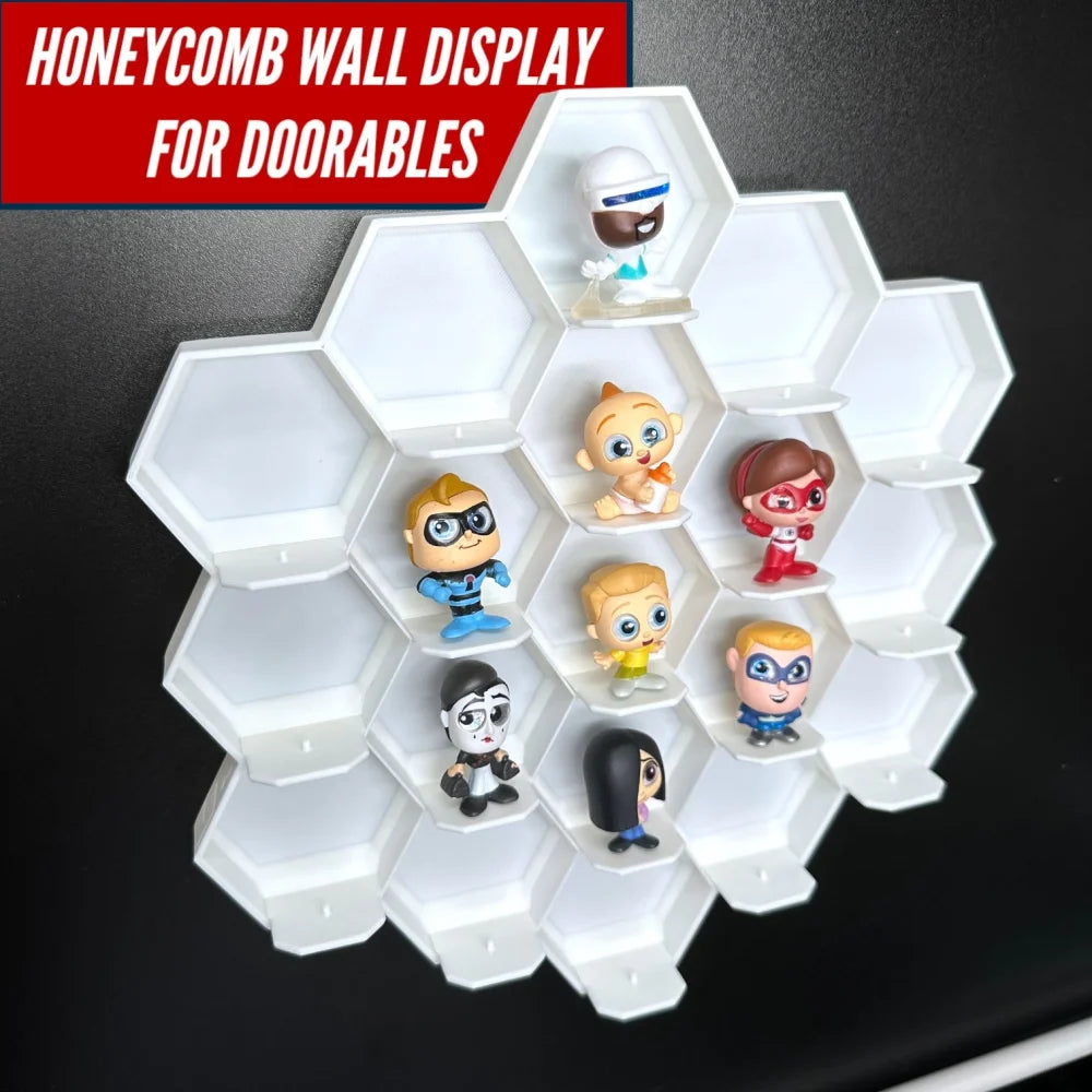 3D-printed honeycomb display for 19 Disney Doorables showcasing figures neatly on a wall, displaying up to 1.25 inches wide.
