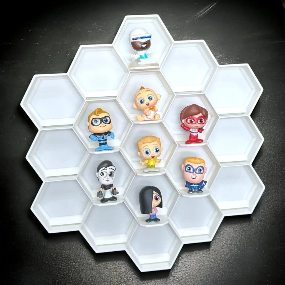 3D-printed honeycomb display for 19 Disney Doorables, neatly showcasing mini figures, perfect for collectors.