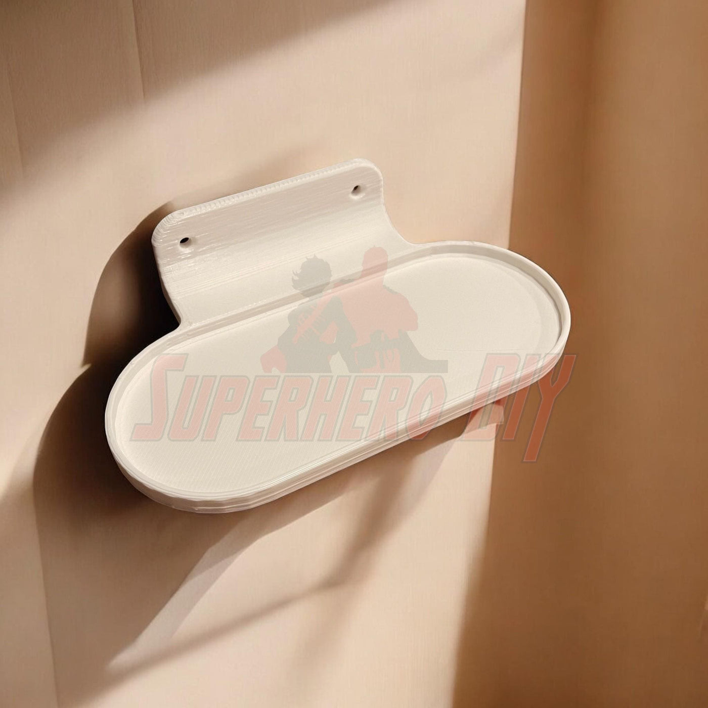 Google Nest Hub wall mount 3D-printed shelf for organizing home technology with included screws, ideal for counter space saving.