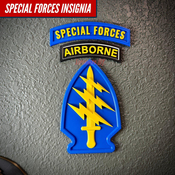 Special Forces display insignia featuring an arrowhead, yellow dagger, and lightning bolts, perfect for wall mounting.