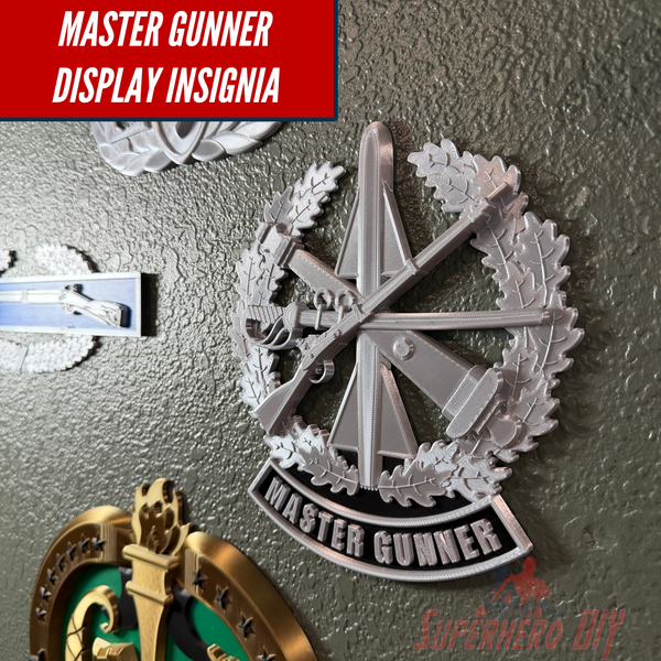 Master Gunner Badge display insignia showcased on a wall, highlighting the detailed 3D design.