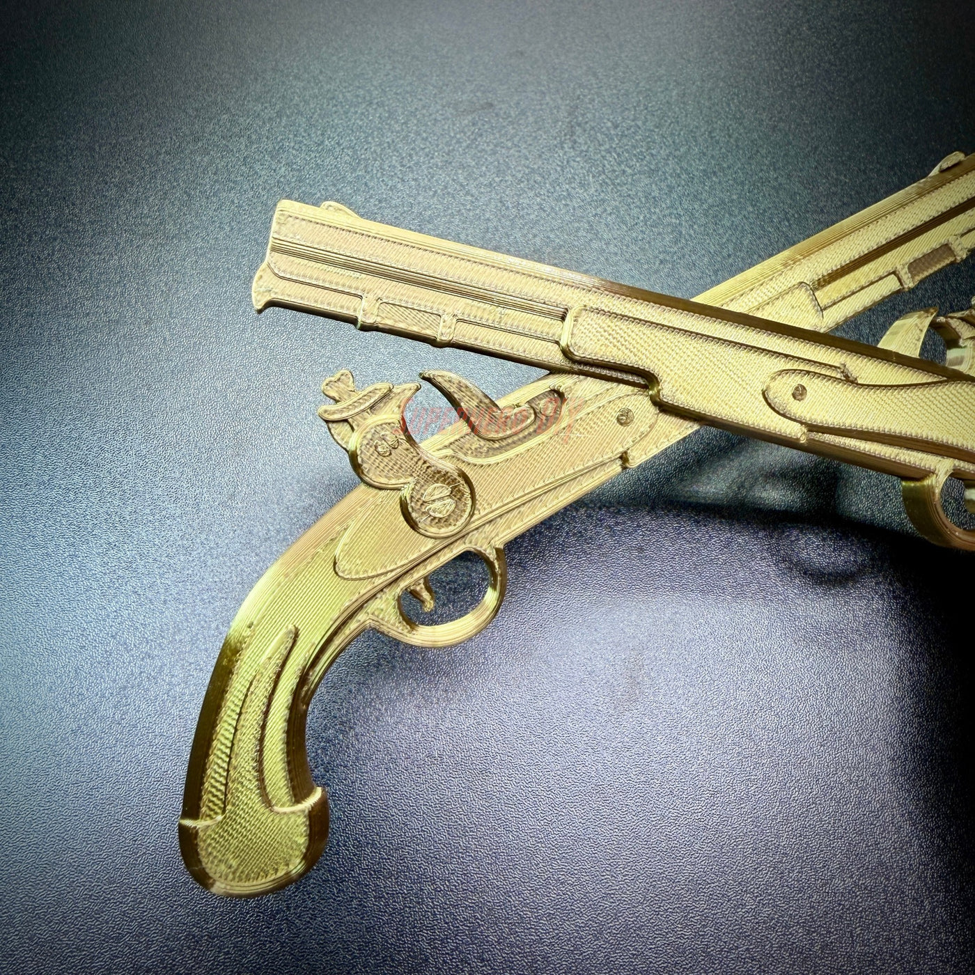 Army military police insignia featuring gold crossed Harper's Ferry pistols against a dark background.