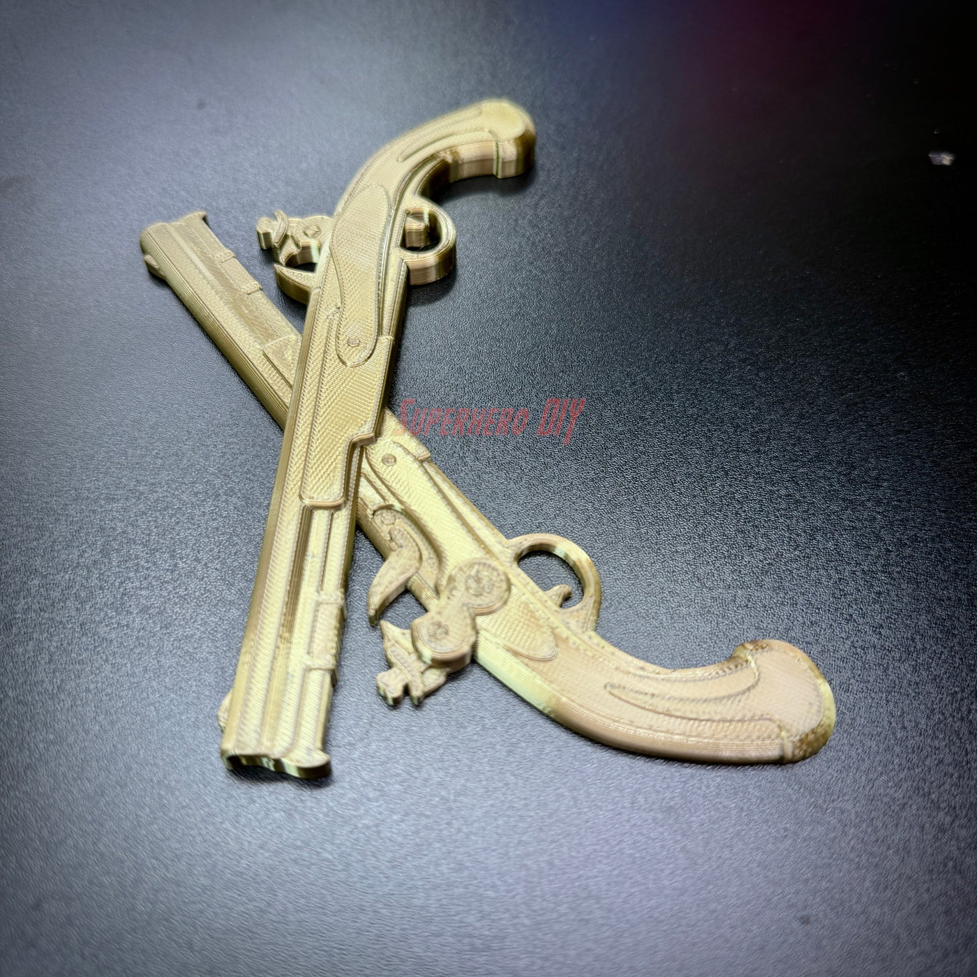 Army military police insignia of crossed pistols in gold finish, showcasing intricate design, for wall display.