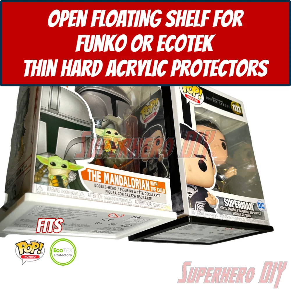 Open Bottom Floating Shelf for Funko Pop Boxes | Wall Mount Collectible Display Shelf | Wall Mount Fits soft display case or hard protectors | Screws included - Superhero DIY