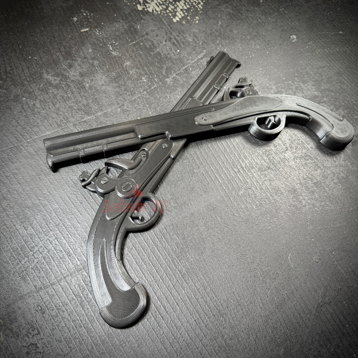 army military police insignia of crossed pistols in black finish, showcasing detailed craftsmanship and design.