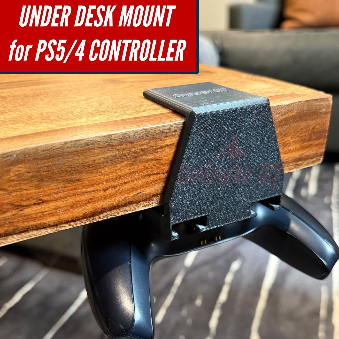 Under-desk PS5 controller mount holding a PS5 controller under a wooden table, keeping it organized and accessible.