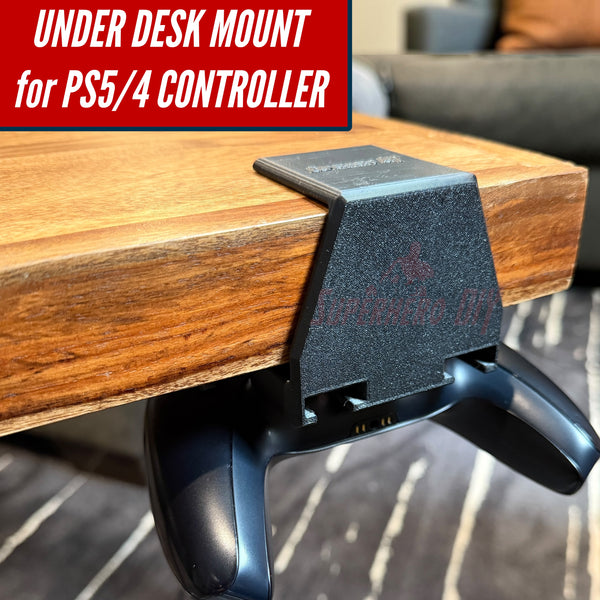 Under-desk PS5 controller mount holding a PS5 controller under a wooden table, keeping it organized and accessible.
