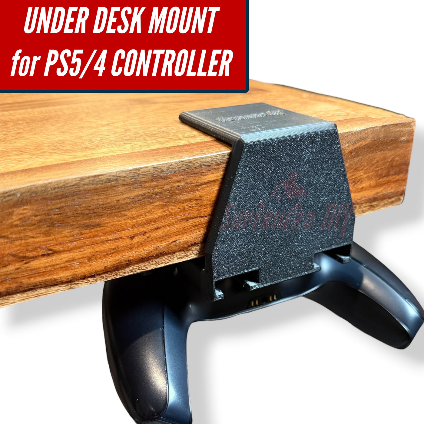 Under-desk PS5 controller mount securely holding a PS5 controller beneath a wooden desk.