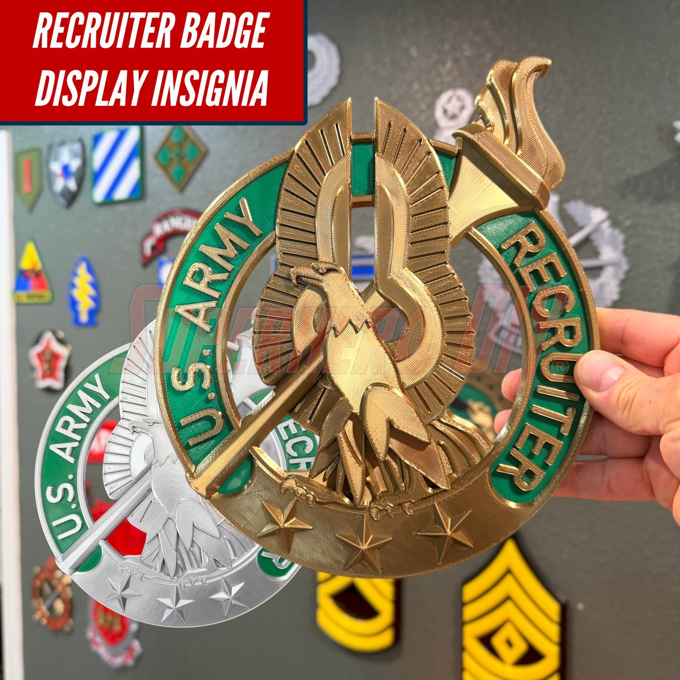 Army recruiter badge display insignia featuring basic and gold badges in various colors.