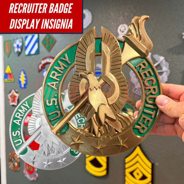 Army recruiter badge display insignia featuring basic and gold badges in various colors.