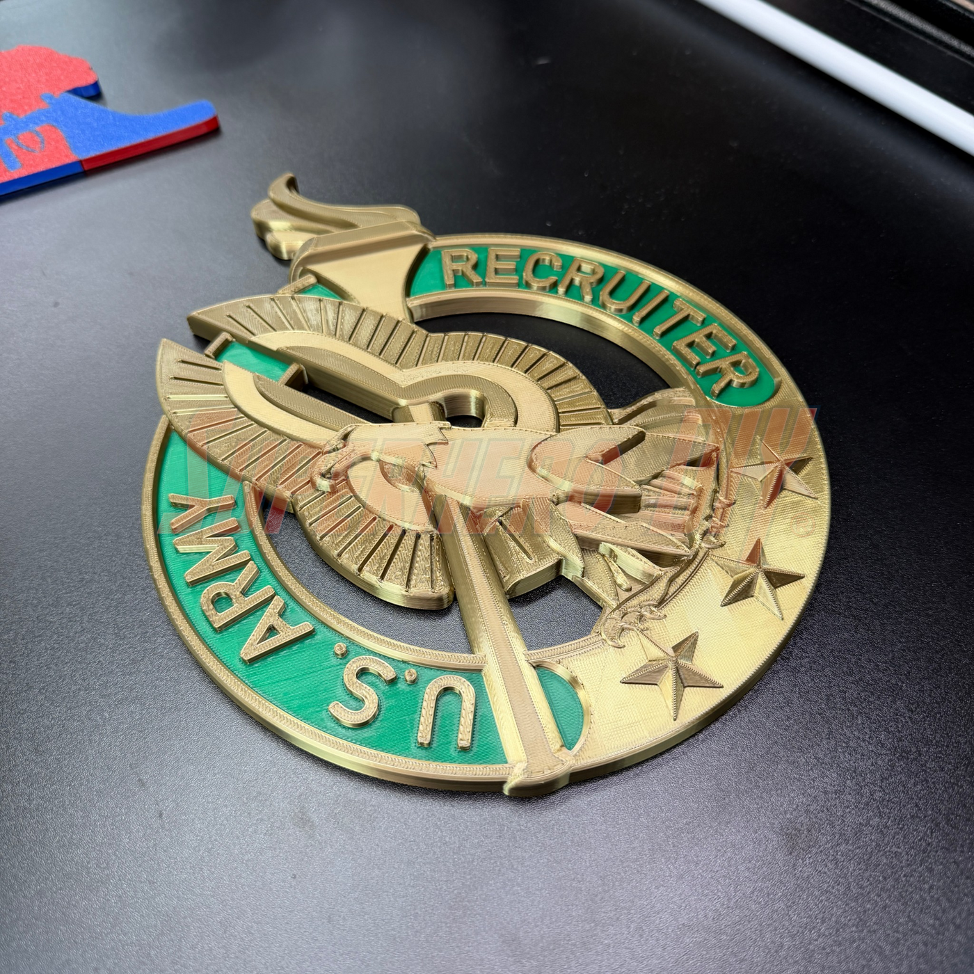 Army recruiter badge insignia, showcasing the Recruiter design and U.S. Army branding, perfect for display.