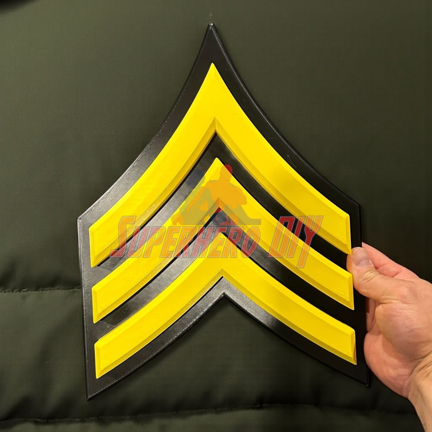 US Army Enlisted Rank | Multiple sizes available: 3D-printed Sergeant rank insignia in yellow and black.