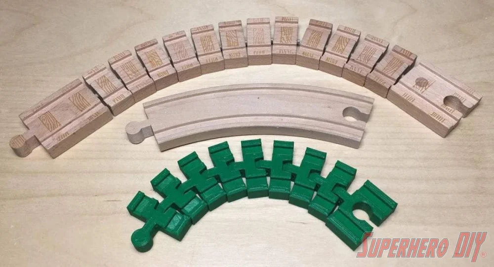 Segmented Train Track piece compatible with Brio or Thomas Wooden Train Track | 3D-printed flexible enhancement for Wooden Train Set - Superhero DIY