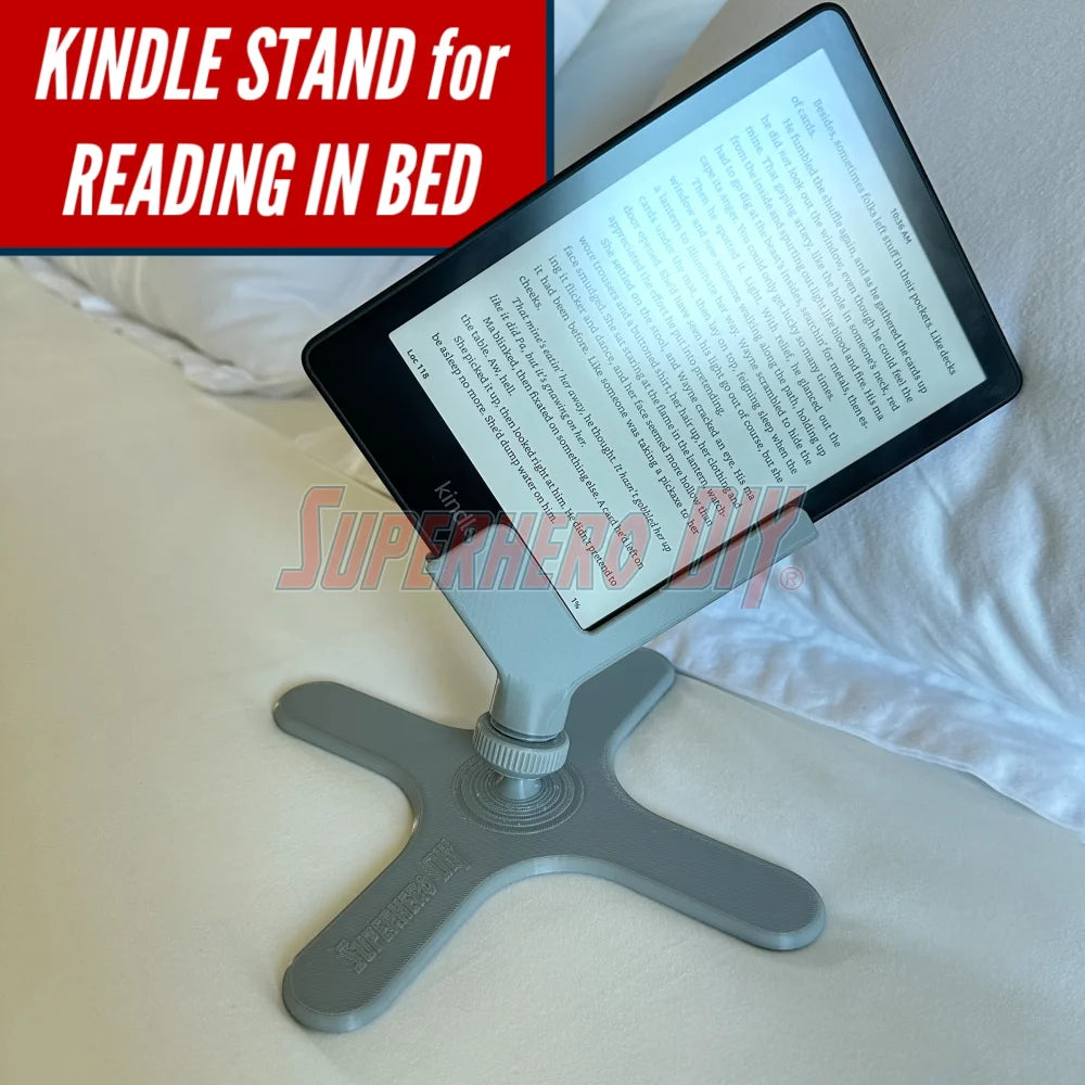 3D-printed side-reading stand for Kindle Paperwhite, made for hands-free reading in bed while lying on your side