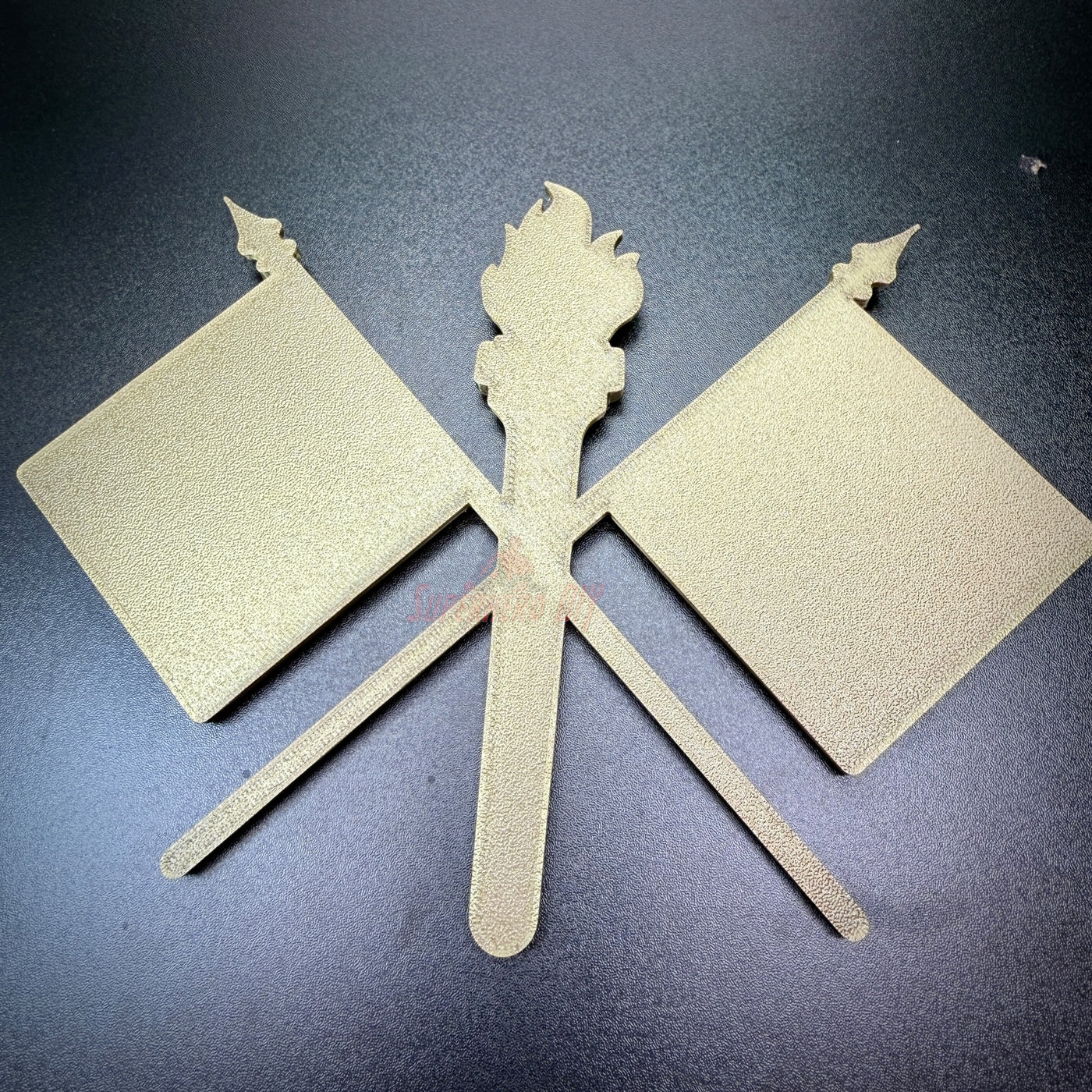 Army Signal Corps insignia featuring crossed signal flags and a flaming torch, ideal for wall display.