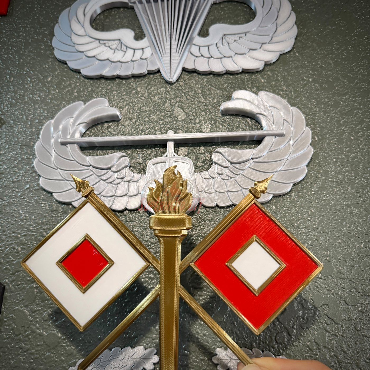 Army Signal Corps insignia featuring crossed flags and flaming torch, ideal for wall display.