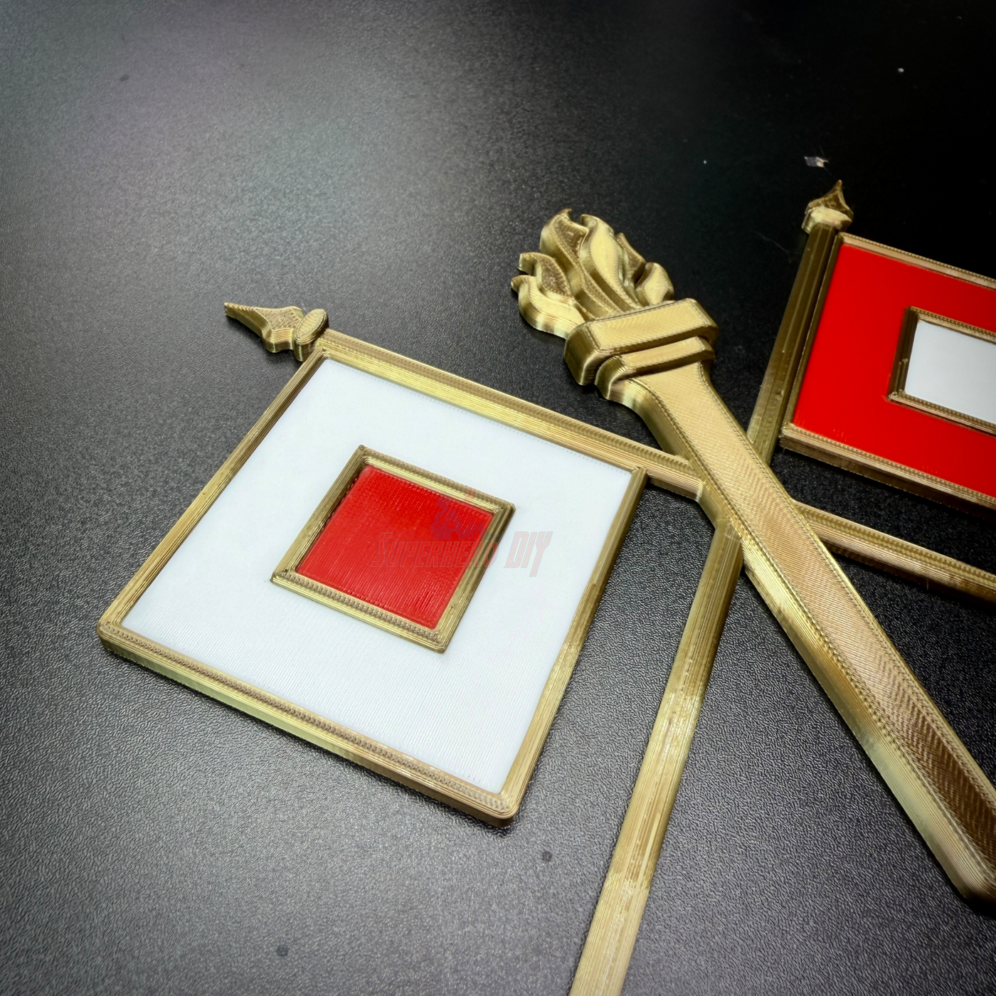 Detailed view of Army Signal Corps insignia featuring crossed signal flags and a flaming torch.
