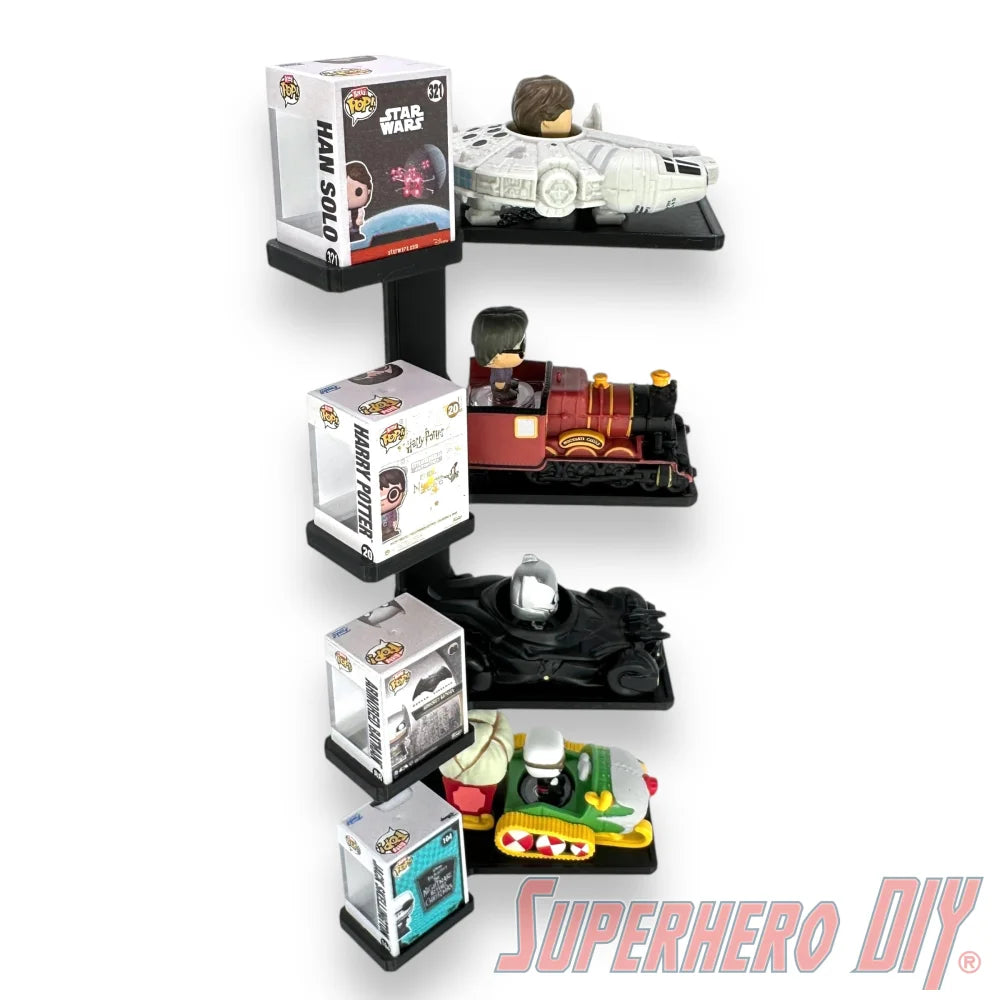 Wall-mounted stackable shelf for Funko Bitty Pop Rides sets, fits ride display box and figures with modular vertical display design