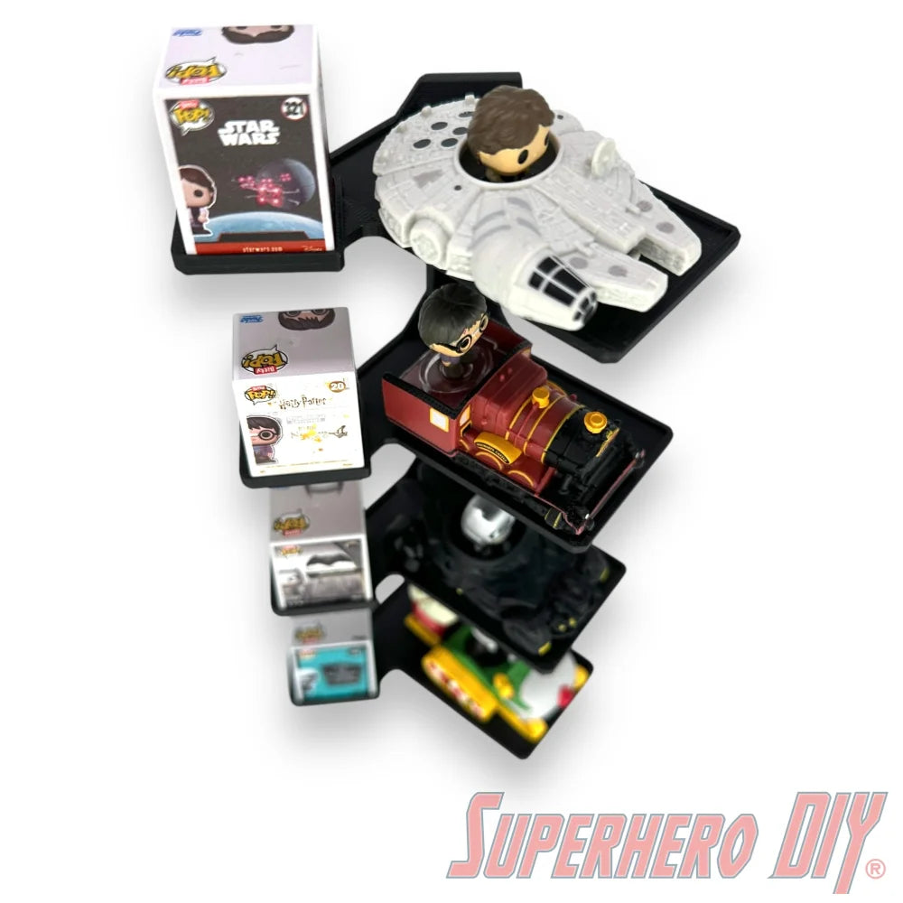 Wall-mounted stackable shelf for Funko Bitty Pop Rides sets, fits ride display box and figures with modular vertical display design