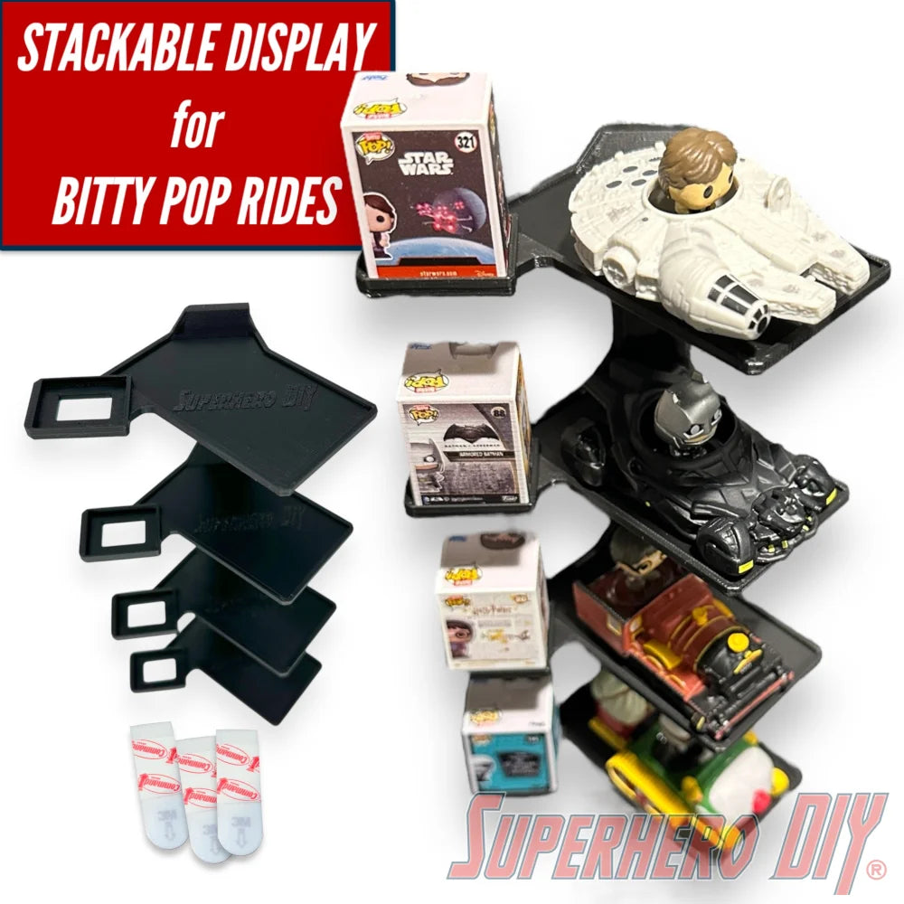 Wall-mounted stackable shelf for Funko Bitty Pop Rides sets, fits ride display box and figures with modular vertical display design