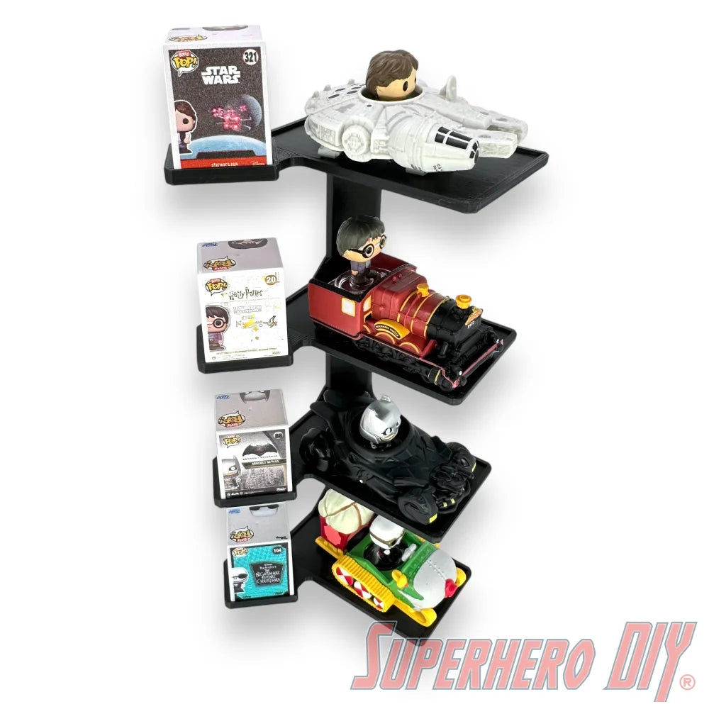 Wall-mounted stackable shelf for Funko Bitty Pop Rides sets, fits ride display box and figures with modular vertical display design
