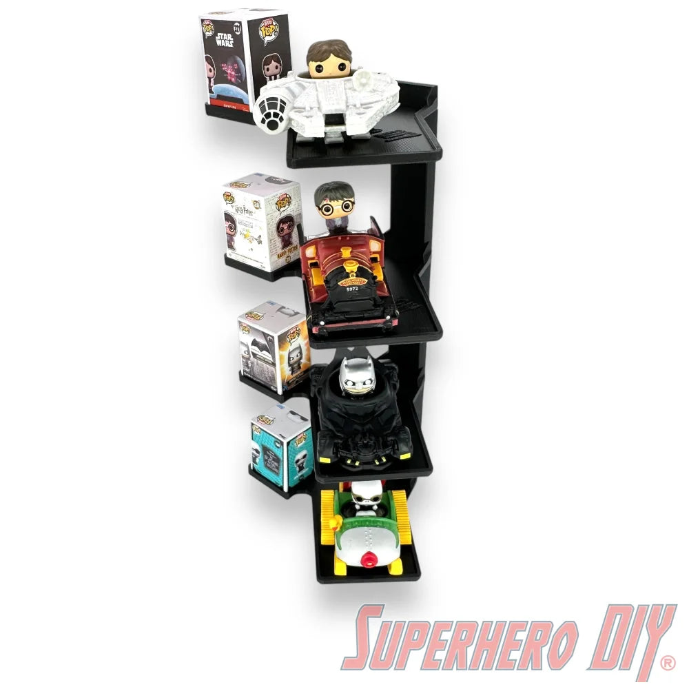 Wall-mounted stackable shelf for Funko Bitty Pop Rides sets, fits ride display box and figures with modular vertical display design