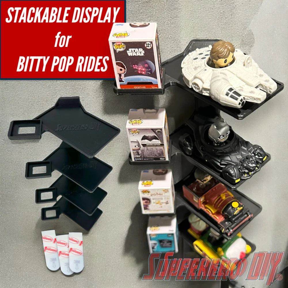 Wall-mounted stackable shelf for Funko Bitty Pop Rides sets, fits ride display box and figures with modular vertical display design