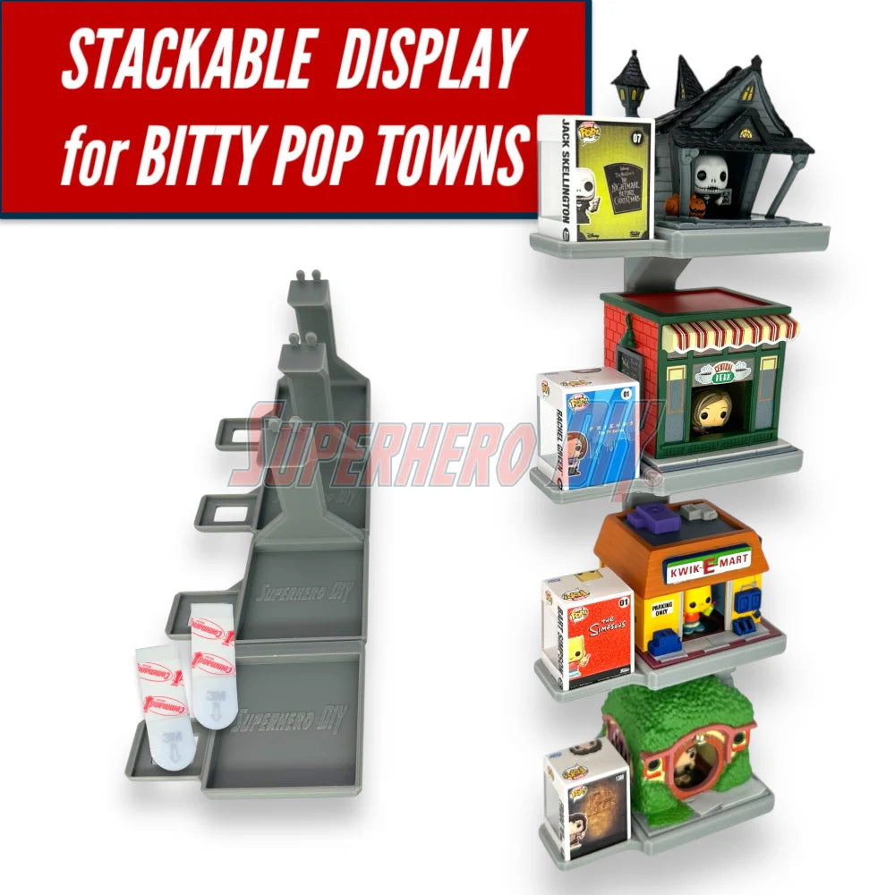 Stackable floating shelf for Bitty Pop Towns sets, designed to hold Funko figures and town box in a vertical wall-mounted display