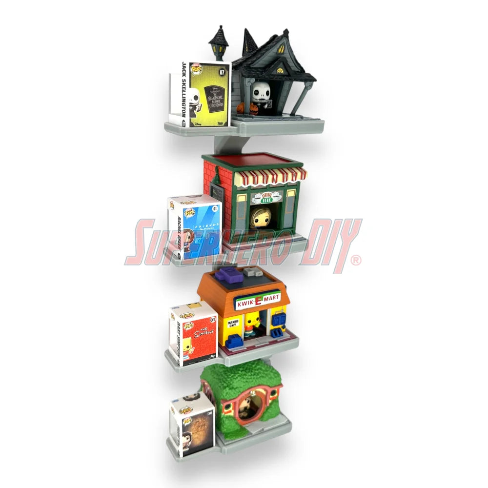 Stackable floating shelf for Bitty Pop Towns sets, designed to hold Funko figures and town box in a vertical wall-mounted display