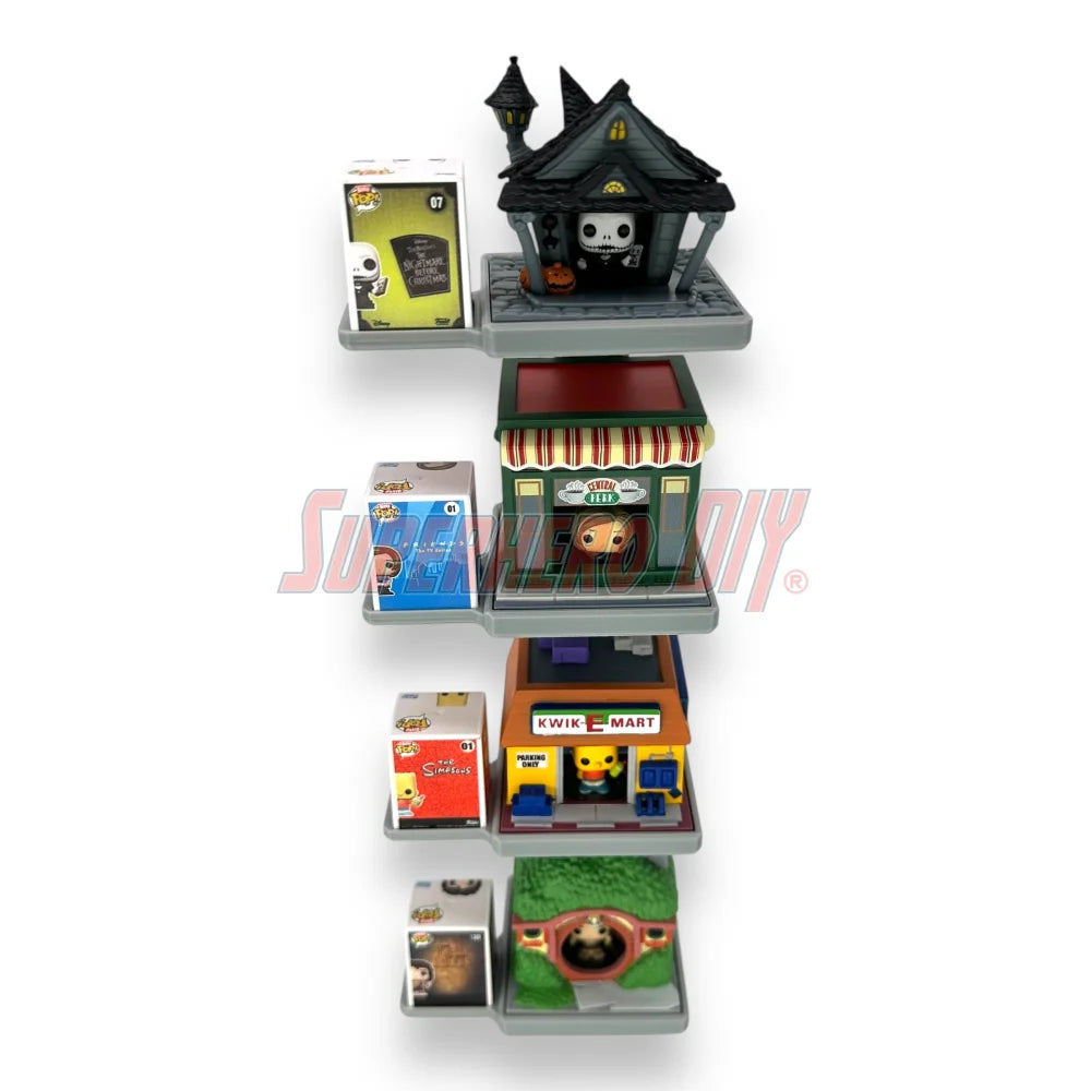 Stackable floating shelf for Bitty Pop Towns sets, designed to hold Funko figures and town box in a vertical wall-mounted display
